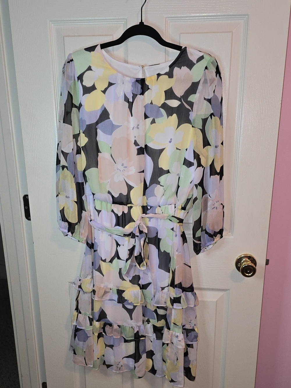 Calvin Klein Pastel Floral Tie-Waist Midi Dress in White, Yellow & Mint
